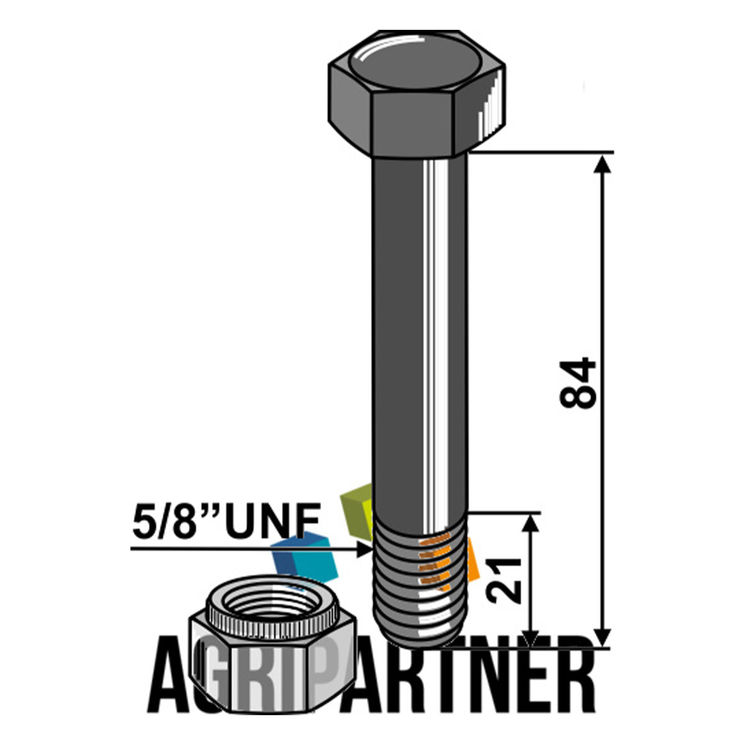 Boulon 16x84 mm avec écrou à freinage interne 5/8''UNF, montage Twose