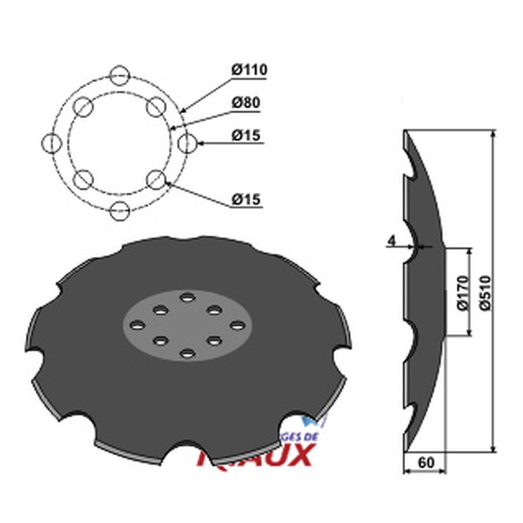 Disque crénelé 510x4 mm, 8 trous, TCS-DIS-536, pour déchaumeur Agrisem, NIAUX 200