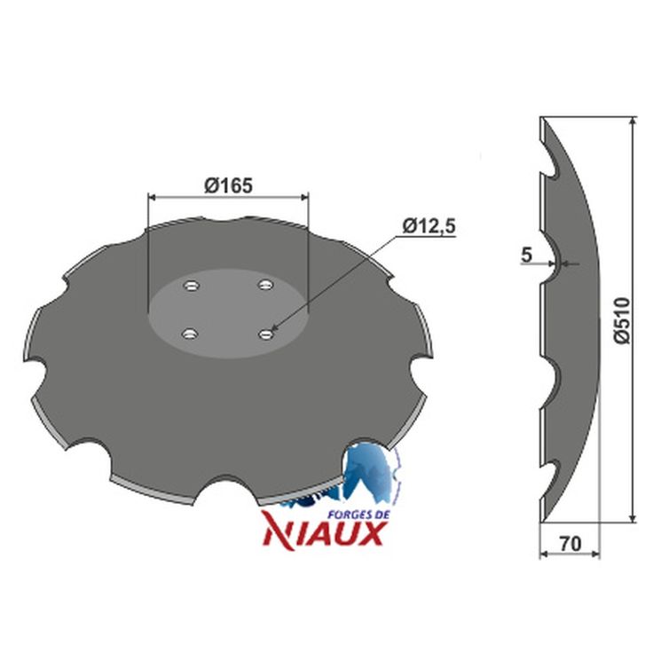 Disque crénelé 510x5 mm, 4 trous, pour Lemken héliodor 34910027, NIAUX 200