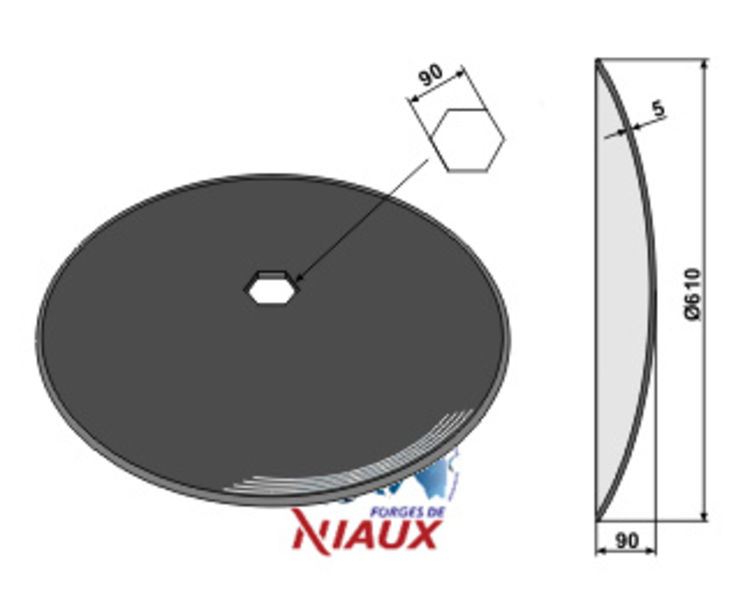 Disque lisse 610x5 mm, alésage hexagonal 90 mm, trou hexagonal, NIAUX 200