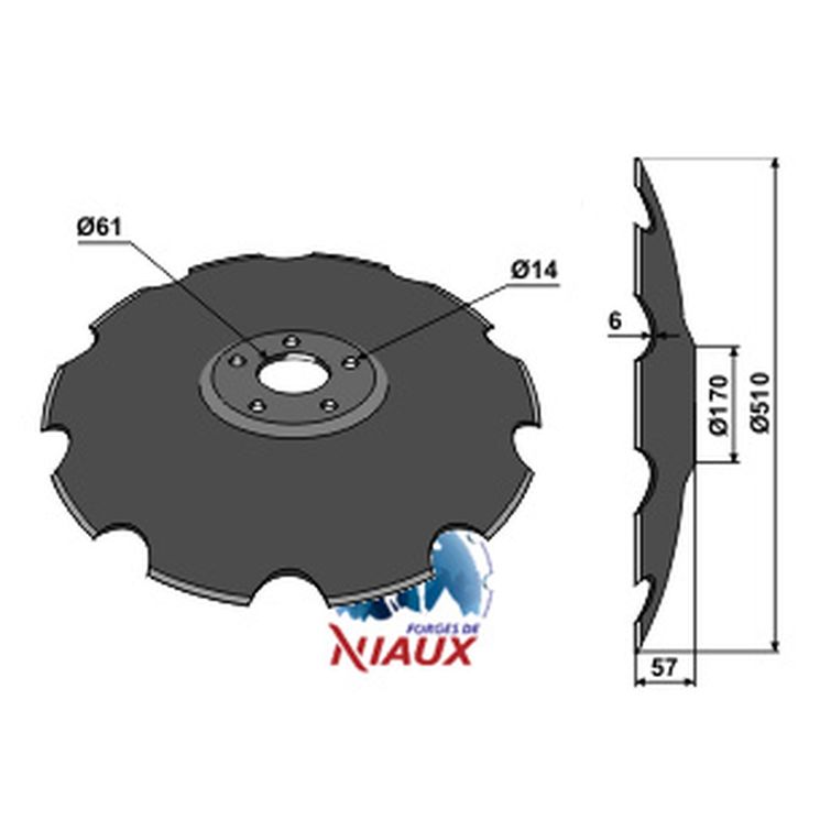 Disque crénelé 510x6 mm, 5 trous, pour Great Plains 820-460C, Simba P11462, NIAUX 200