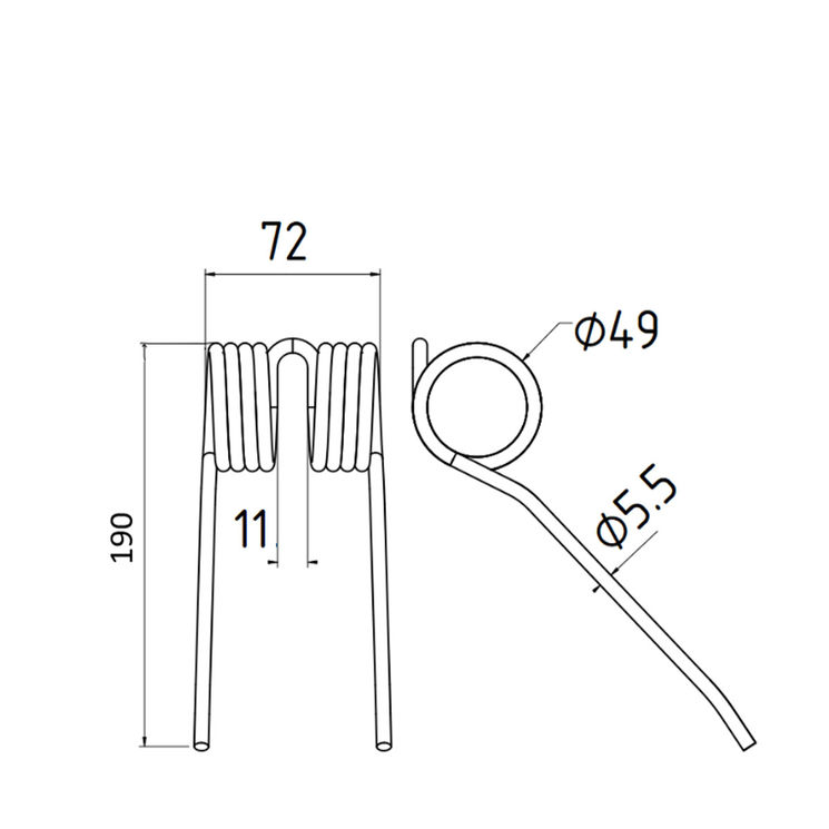 Dent pick-up 190 mm, fil 5,5 mm, pour presse à balles MASSEY FERGUSON, HESSTON, 700716132, pièce interchangeable