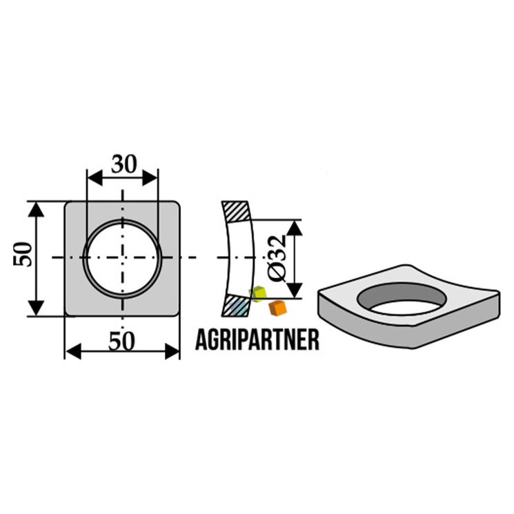 Plaque à souder courbée 50x50 mm, Ø32 mm, pour doigt de fourche 1000 mm UNIVERSEL, pièce interchangeable