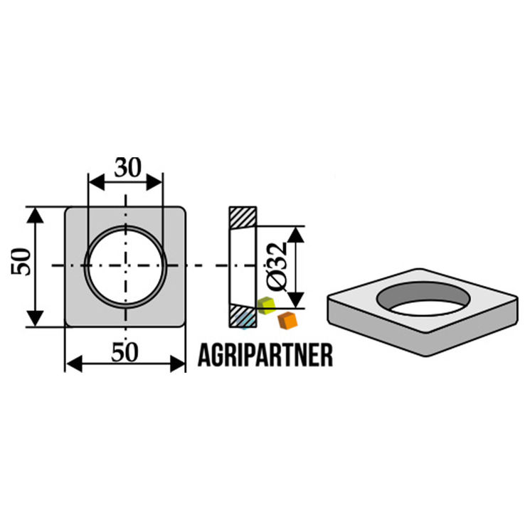 Plaque à souder droit 50x50 mm, Ø32 mm, pour doigt de fourche 1000 mm, UNIVERSEL, pièce interchangeable