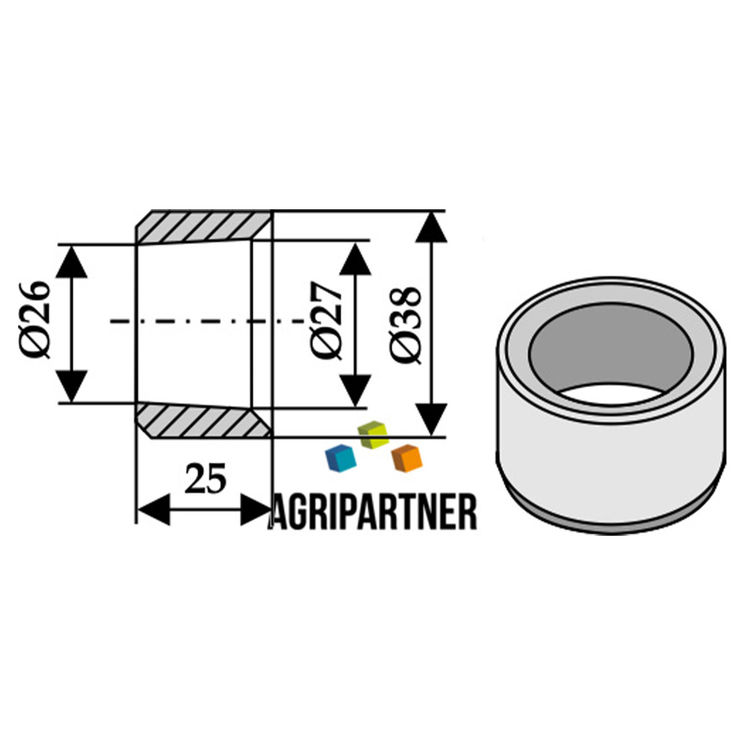 Entretoise à souder 25 mm, diamètre 26x27x38 mm, pour doigt de fourche 1000 mm, UNIVERSEL, pièce interchangeable