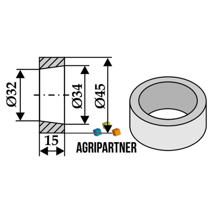 Entretoise à souder 15 mm, diamètre 32x34x45 mm, pour doigt de fourche 1000 mm, UNIVERSEL, pièce interchangeable