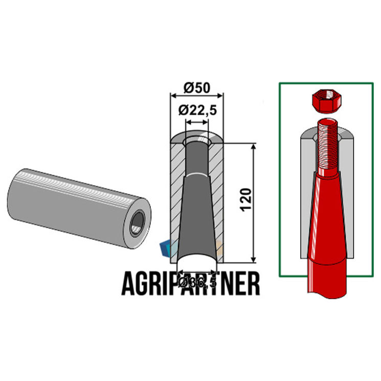 Entretoise à souder 120 mm Ø50x22,5x36,5  mm pour dents avec filet M22, UNIVERSEL, pièce interchangeable