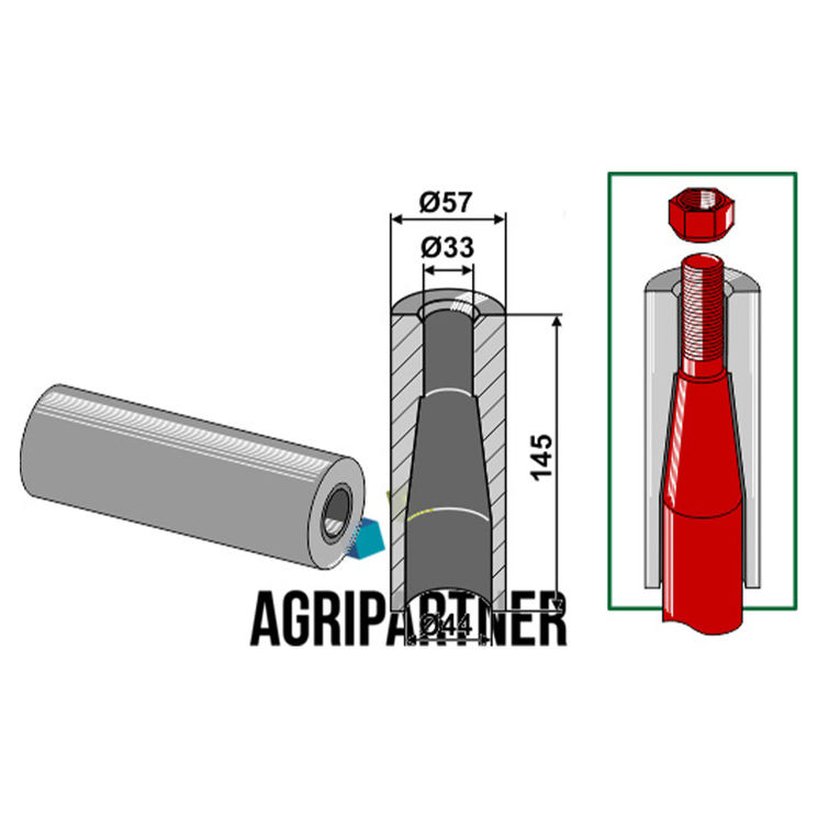 Entretoise à souder 145 mm Ø57x33x44 mm pour dents avec filet M28, UNIVERSEL, pièce interchangeable