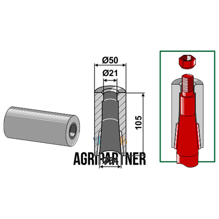 Entretoise à souder 105 mm Ø50x21x34 mm pour dents avec ergot d´arrêt, UNIVERSEL, pièce interchangeable