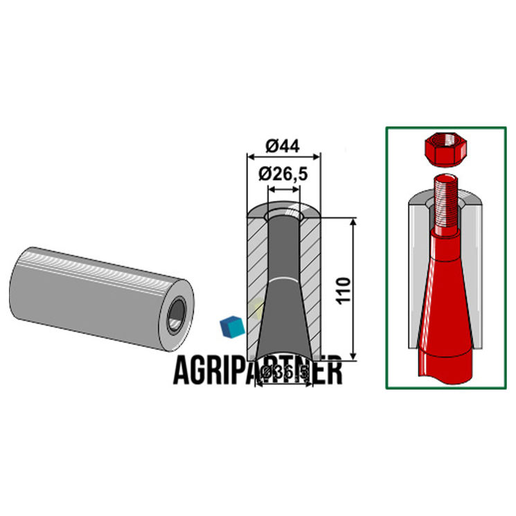 Entretoise à souder 110 mm Ø44x26,5x36,5 mm pour dents avec filet M24, UNIVERSEL, pièce interchangeable