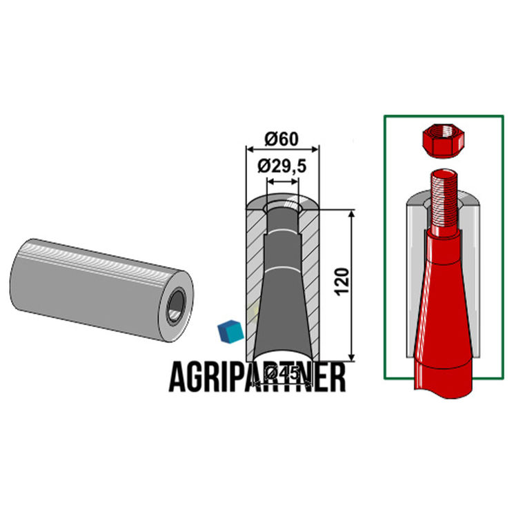 Entretoise à souder 120 mm Ø60x29,5x45 mm pour dents avec filet M28, UNIVERSEL, pièce interchangeable