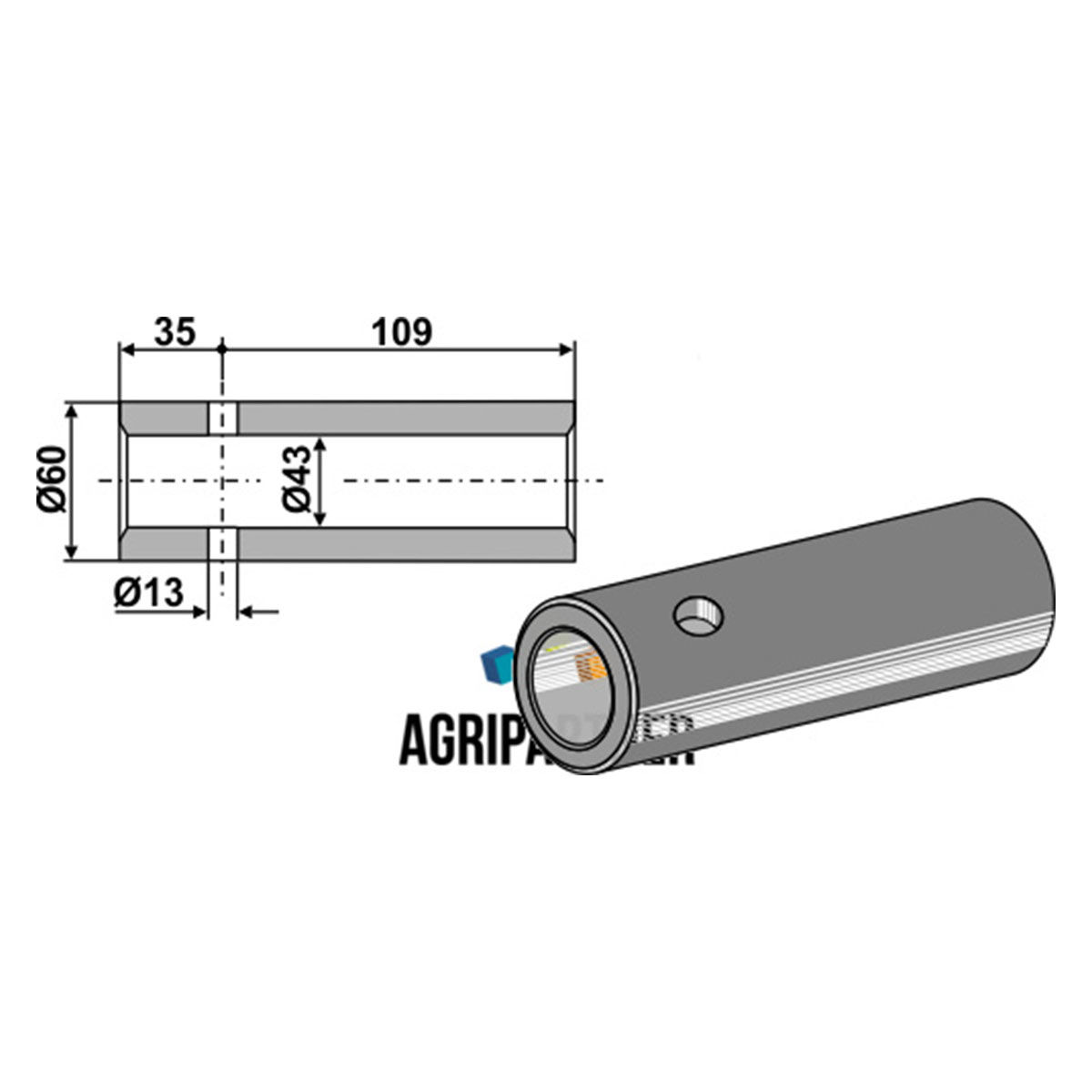 Entretoise à souder 109 mm, Ø60x43 mm, trou Ø13 mm, UNIVERSEL, pièce interchangeable