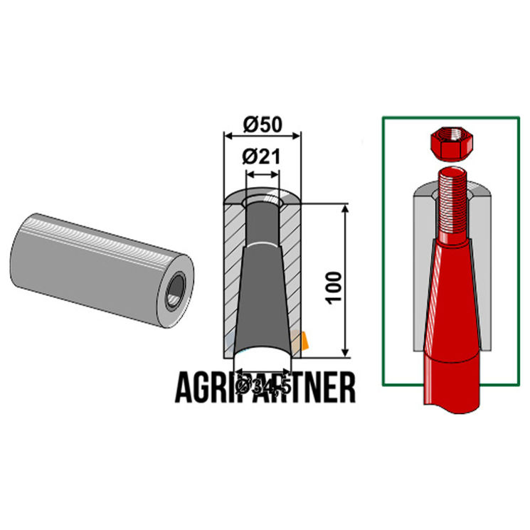 Entretoise à souder 100 mm Ø50x21x34,5 mm pour dents avec filet M20, UNIVERSEL, pièce interchangeable