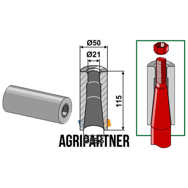 Entretoise à souder 115 mm Ø50x21x36,5 mm pour dents avec filet M20, UNIVERSEL, pièce interchangeable