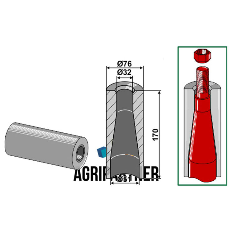 Entretoise à souder 170 mm, Ø76x32x51 mm pour dents avec filet M28, UNIVERSEL, pièce interchangeable