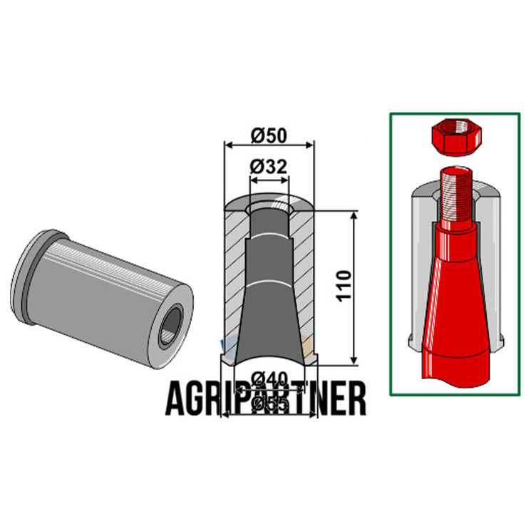 Entretoise à souder 110 mm Ø50x32x40x55 mm pour dents avec filet M30, UNIVERSEL, pièce interchangeable