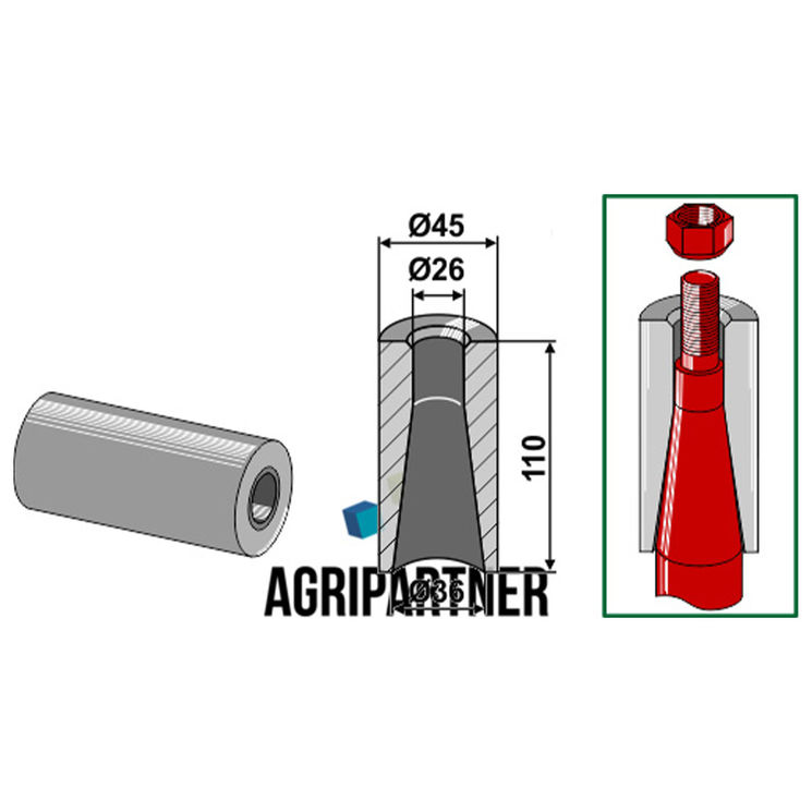 Entretoise à souder 110 mm, Ø45x26x36 mm pour dents de chargeurs 610/680/810 mm Ø36 mm, UNIVERSEL, pièce interchangeable