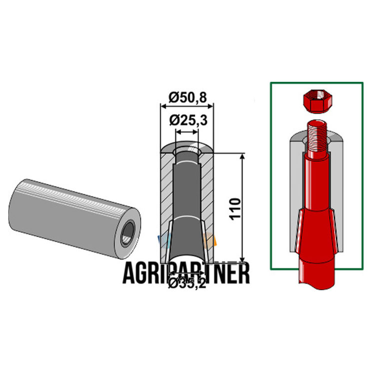 Entretoise à souder 110 mm Ø50,8x25,3x35,2 mm pour dents avec ergot d´arrêt, KVERNELAND, pièce interchangeable