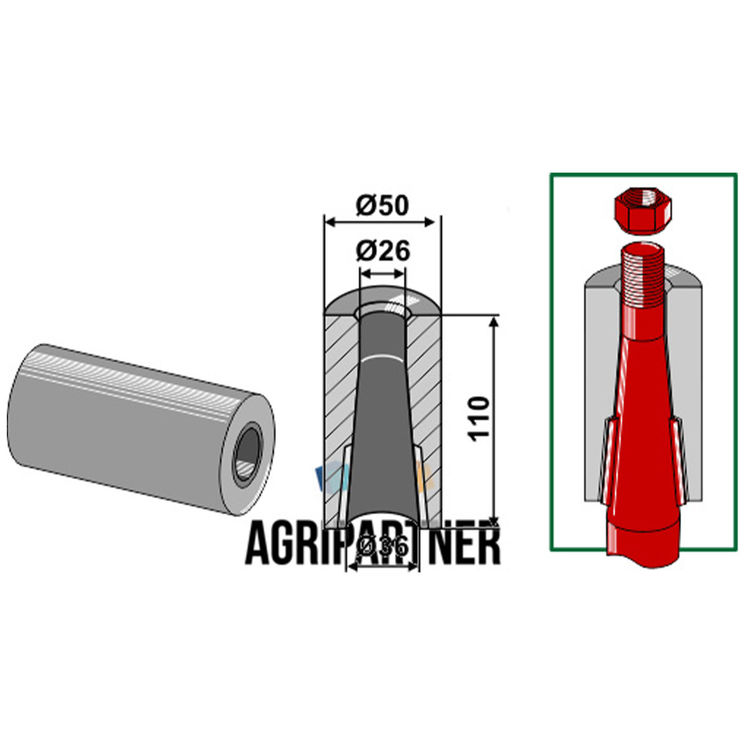 Entretoise à souder 110 mm, Ø50x26x36 mm pour dents avec ergot d´arrêt 600/810 mm Ø36 mm, UNIVERSEL, pièce interchangeable