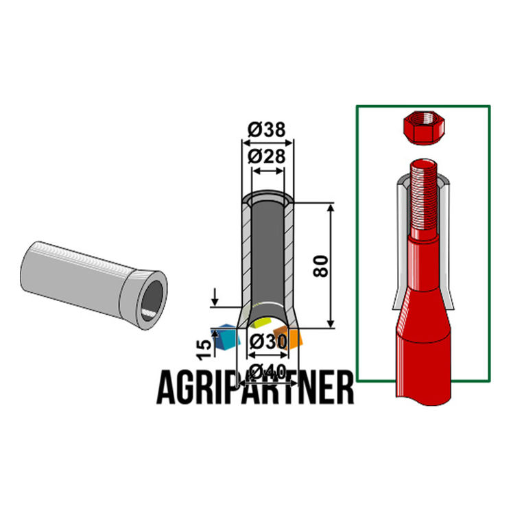 Entretoise à souder 80 mm, Ø38x28x30x40 mm pour dents grande large 980 mm Ø45 mm, UNIVERSEL, pièce interchangeable