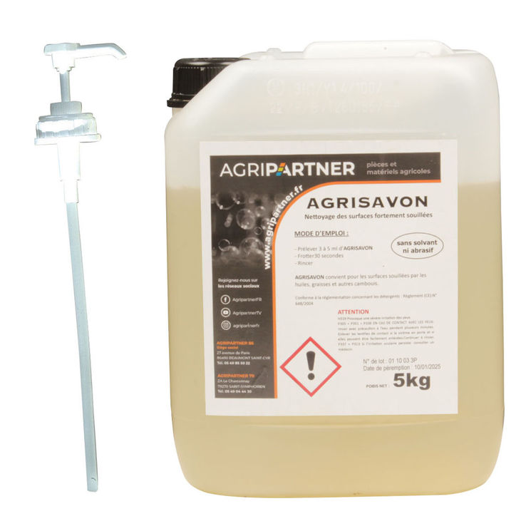 Bidon nettoyant mains et surfaces souillées, AGRISAVON, 5kg + pompe doseuse à main, 81203/5