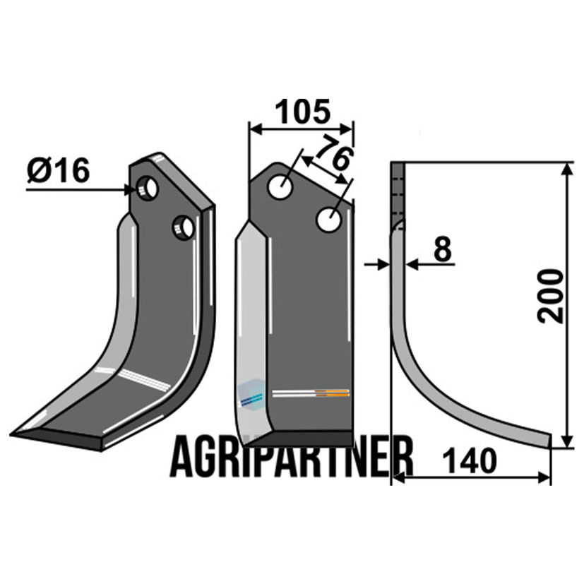 Lame hélicoïdale G, 200x140x8, droite, pour rotavator Howard & Kongskilde, 73000109344V, pièce interchangeable