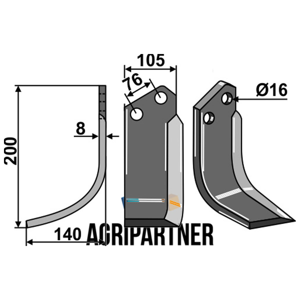 Lame hélicoïdale G, 200x140x8, gauche, pour rotavator Howard & Kongskilde, 73000109343V, pièce interchangeable