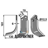 Lame de fraise 181x70x6 mm, gauche, pour rotavator KUHN, K162000, pièce interchangeable