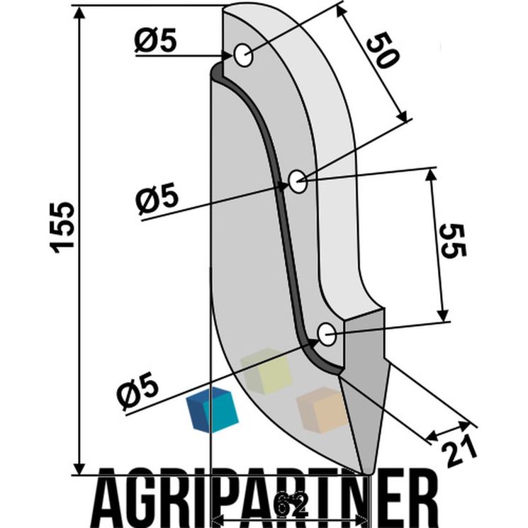 Soc 155x62x21 mm, entraxe 55x50 mm, trous Ø5 mm, pour semoir REFORM, 300.423.307-1, 3004233071, pièce interchangeable