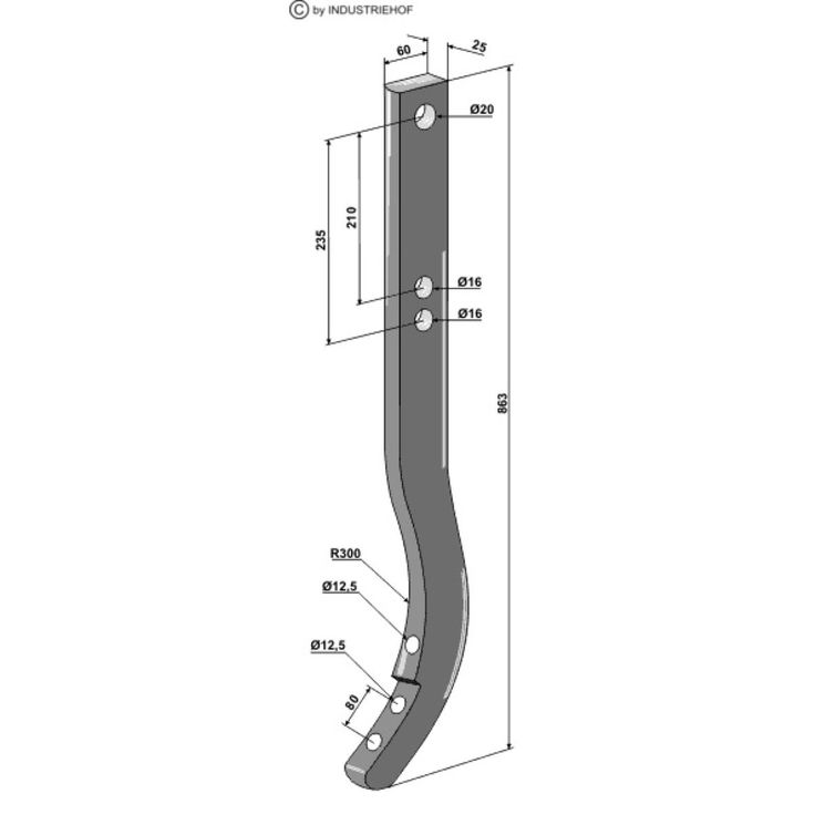 Etançon, dent rigide 863x60x25 mm pour cultivateur DALBO, 76250, pièce interchangeable