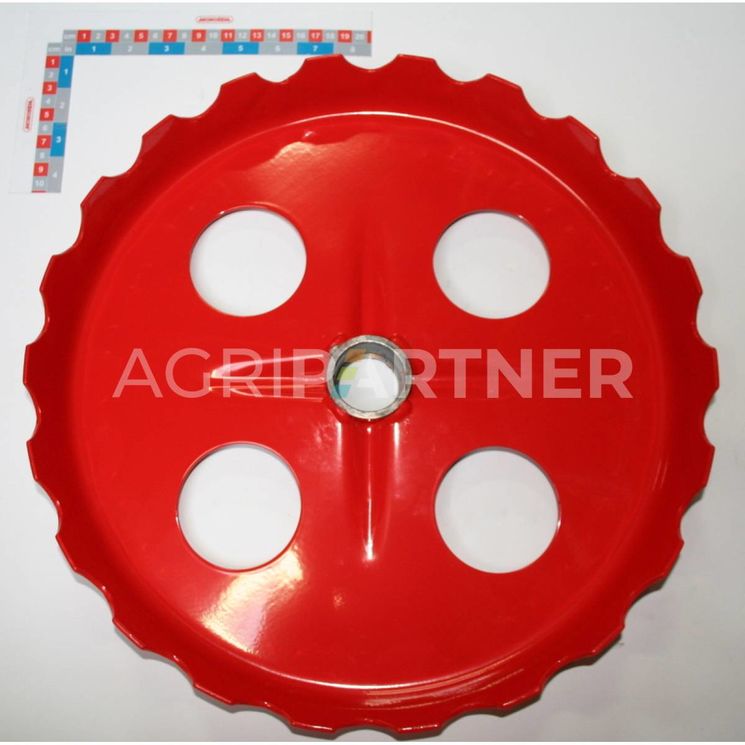 Roue tasseuse crantée semoir peinte rouge, pour semoir MONOSEM, 65003115 - 6720-A - 6720.A - 6720A, pièce origine