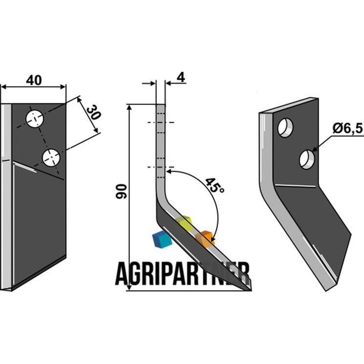 Couteau de mélangeuse STRAUTMANN, WALKER, trous 6,5 mm, 90x40x4 mm, gauche, pièce interchangeable