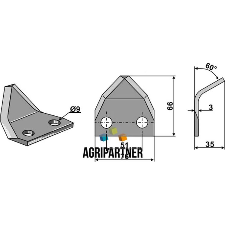 Couteau de mélangeuse MARMIX, trous 9 mm, 66x76x3 mm, entraxe 51 mm, pièce interchangeable