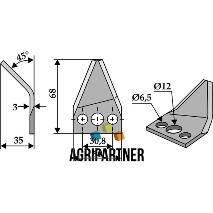 Couteau de mélangeuse STRAUTMANN, trous 12/6,5 mm, 69x50x3 mm, gauche, pièce interchangeable