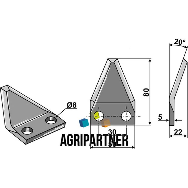 Couteau de mélangeuse LOGIFEED & R.M.H., trous 8 mm, 80x50x5 mm, pièce interchangeable