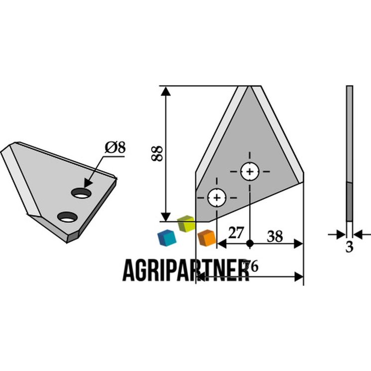 Couteau de mélangeuse AGM, trous 8 mm, 88x76x3 mm, pièce interchangeable