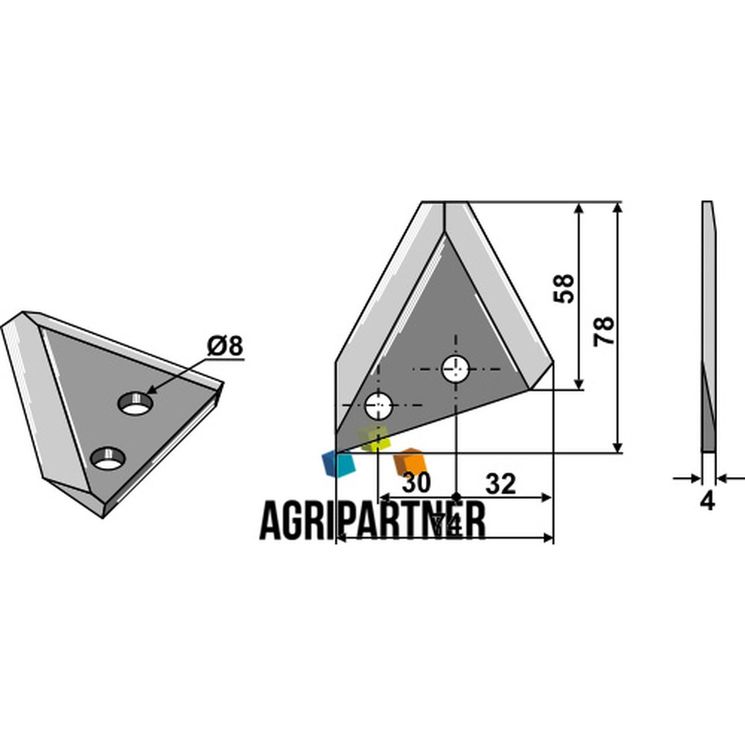 Couteau de mélangeuse AGM, trous 8 mm, 78x74x4 mm, pièce interchangeable