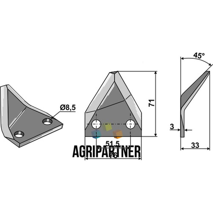 Couteau de mélangeuse SEKO, trous 8,5 mm, 71x76x33 mm, droit, pièce interchangeable