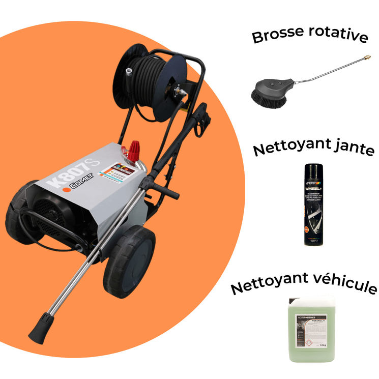 Pack véhicule : COMET K807 S + brosse rotative + nettoyant jante + 12 kg nettoyant véhicule