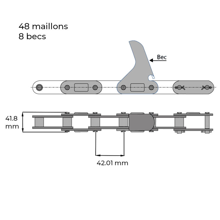 Chaîne cueilleur à maïs 48 maillons, 8 becs, JOHN DEERE AH208978, pièce interchangeable