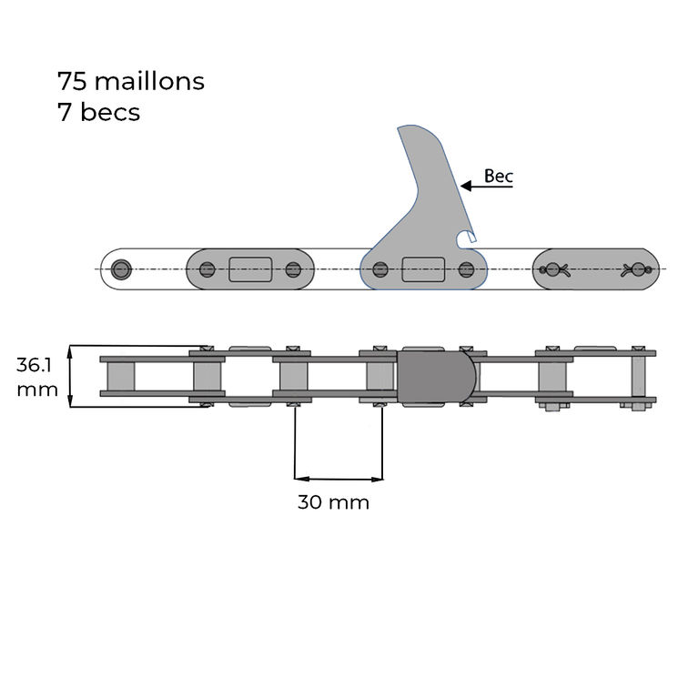 Chaîne cueilleur à maïs 75 maillons, 7 becs, CLAAS 25541510100, pièce interchangeable