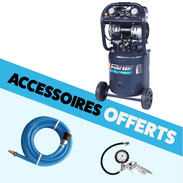 Compresseur mobile 40 litres 230V Silencieux, 10,2 m3/h, bi-cylindre, 2CV, SIL860V + ACCESSOIRES OFFERTS