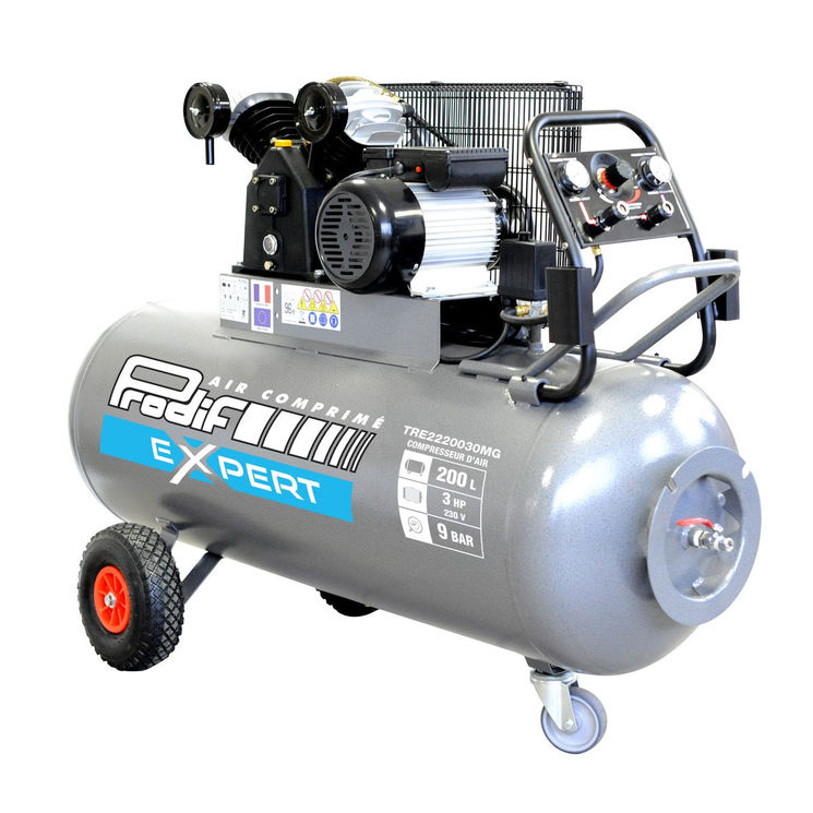 Compresseur mobile 200 litres 230V, 18,6m³/h bi-cylindre, 3CV monophasé, TRE2220030MG, PRODIF EXPERT