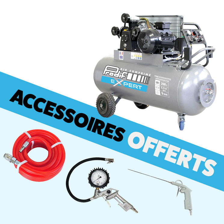 Compresseur à courroie, mobile 200 litres 400V, 29,5m³/h, 5,5 CV, bi-cylindre, TRE2220055TG + ACCESSOIRES OFFERTS