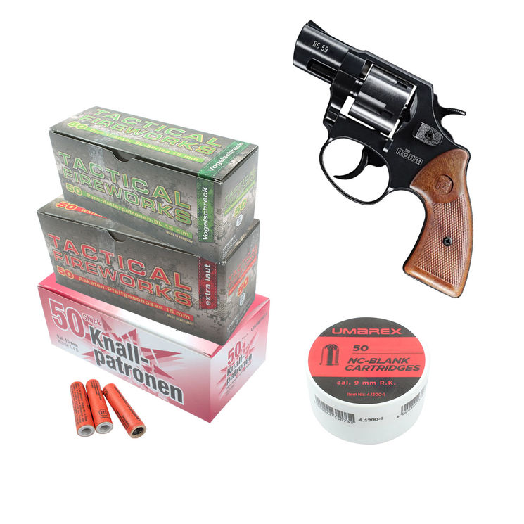 Pack pistolet ROHM RG59 calibre 9 mm + amorces + fusées (crépitantes, détonantes et sifflantes)