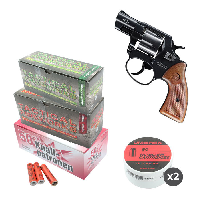 Pack complet pistolet ROHM RG59 calibre 9 mm + 150 amorces + 150 fusées (crépitantes, détonantes et sifflantes)