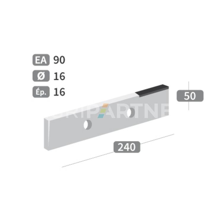 Couteau 2 trous de Ø16 mm, 240x50x16 mm, entraxe 90 mm, avec plaquettes carbure pour épandeur BROCHARD, pièce interchangeable