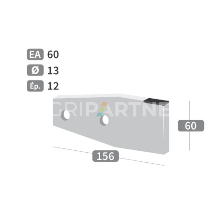 Couteau 2 trous de Ø13 mm, 156x60x12 mm, entraxe 60 mm, avec plaquettes carbure pour épandeur DEGUILLAUME, pièce interchangeable