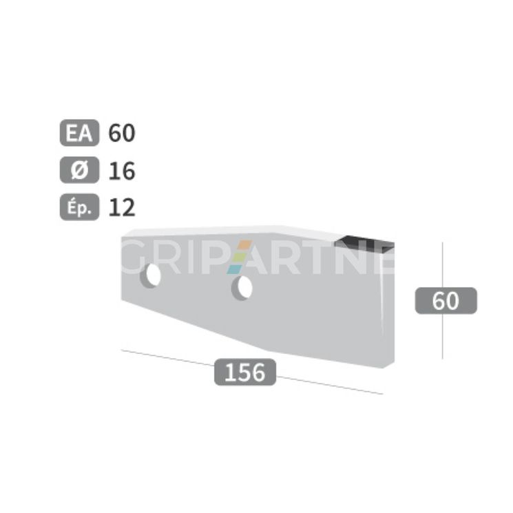 Couteau 2 trous de Ø16 mm, 156x60x12 mm, entraxe 60 mm, avec plaquettes carbure pour épandeur DEGUILLAUME, pièce interchangeable