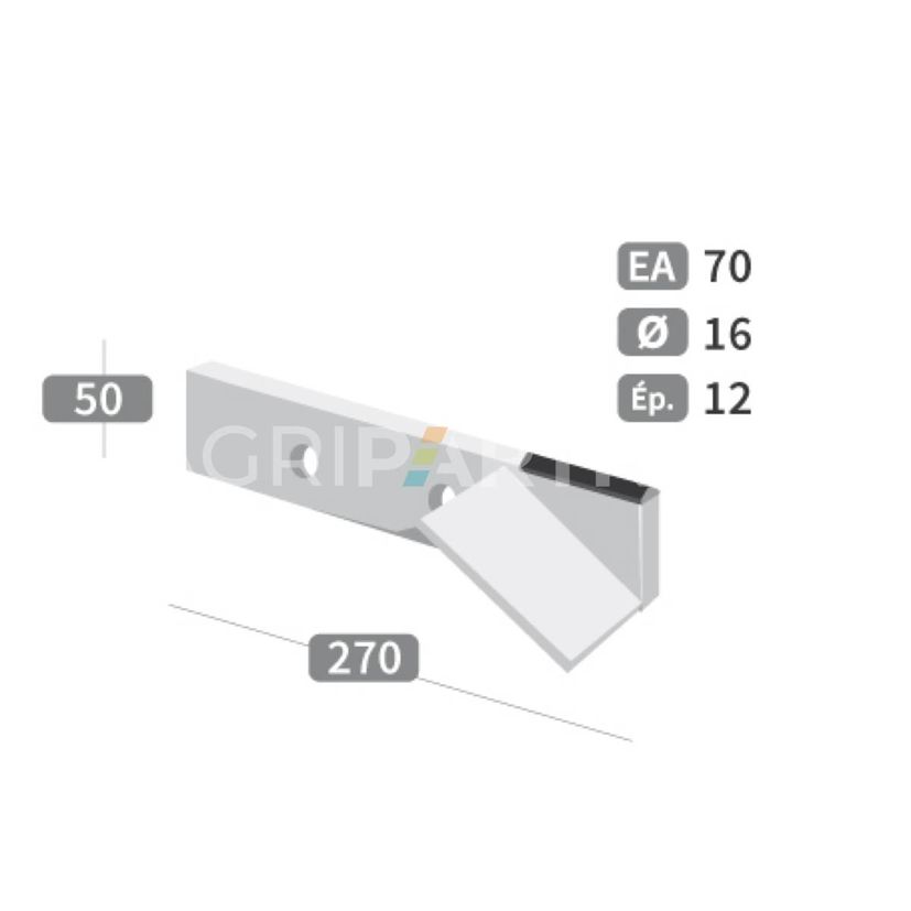 Couteau 2 trous de Ø16 mm, 270x50x12 mm, entraxe 70 mm, avec plaquettes carbure pour épandeur JEANTIL, gauche, pièce interchangeable